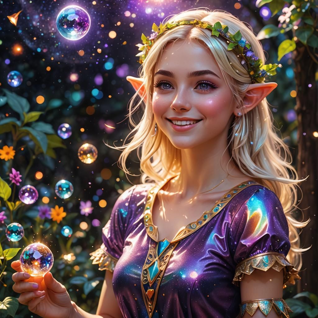 Elf Girl in Tavern: Holographic Astral Illustration