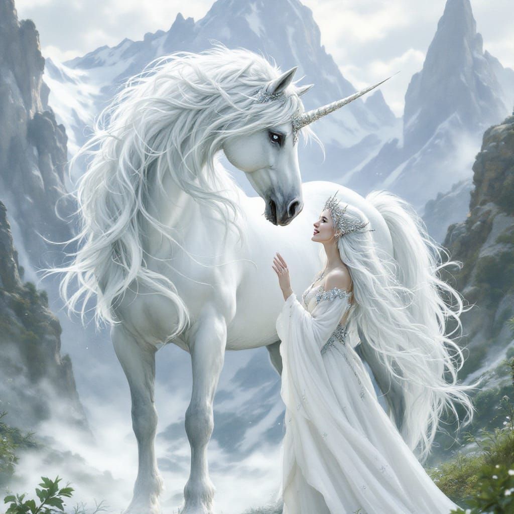 Majestic White Unicorn and Elven Princess in Mountains