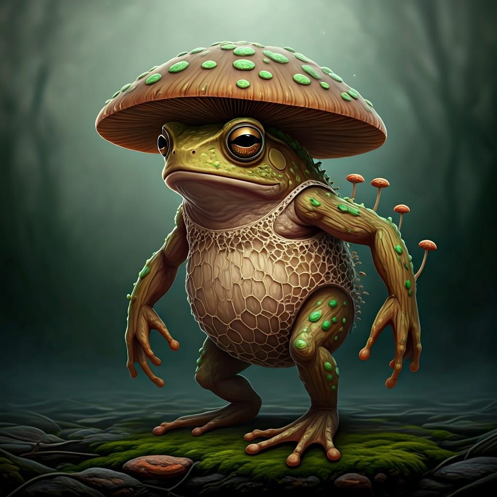 Toadstool-Toad Hybrid in Rembrandt-Inspired Oil Painting