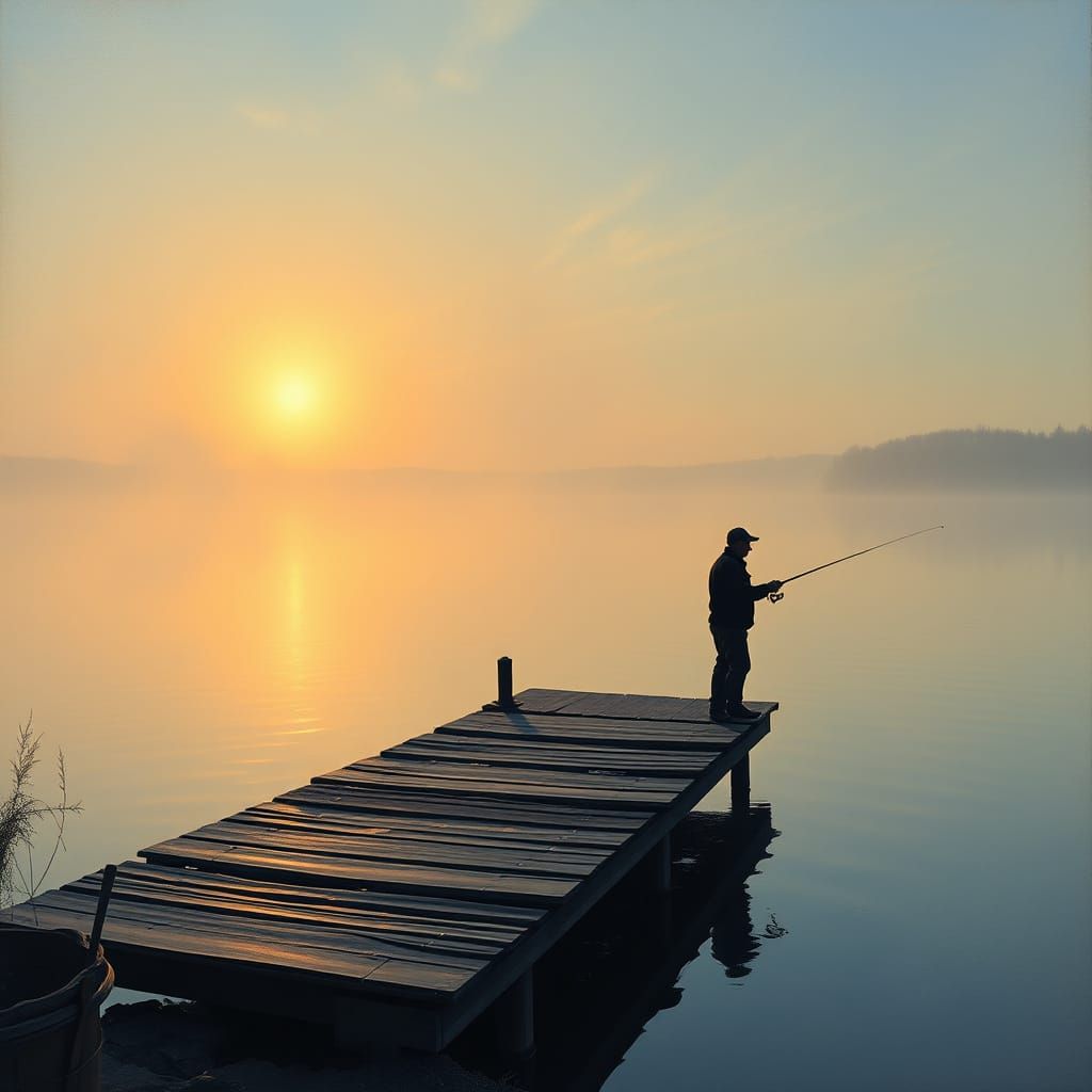 Lakeside Fisherman at Dawn in Impressionist Style