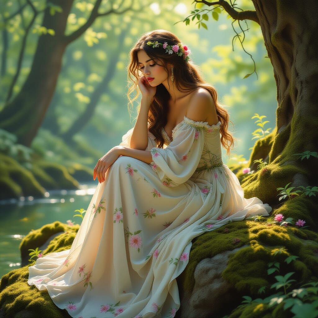 Woman in Floral Gown, Art Nouveau Style