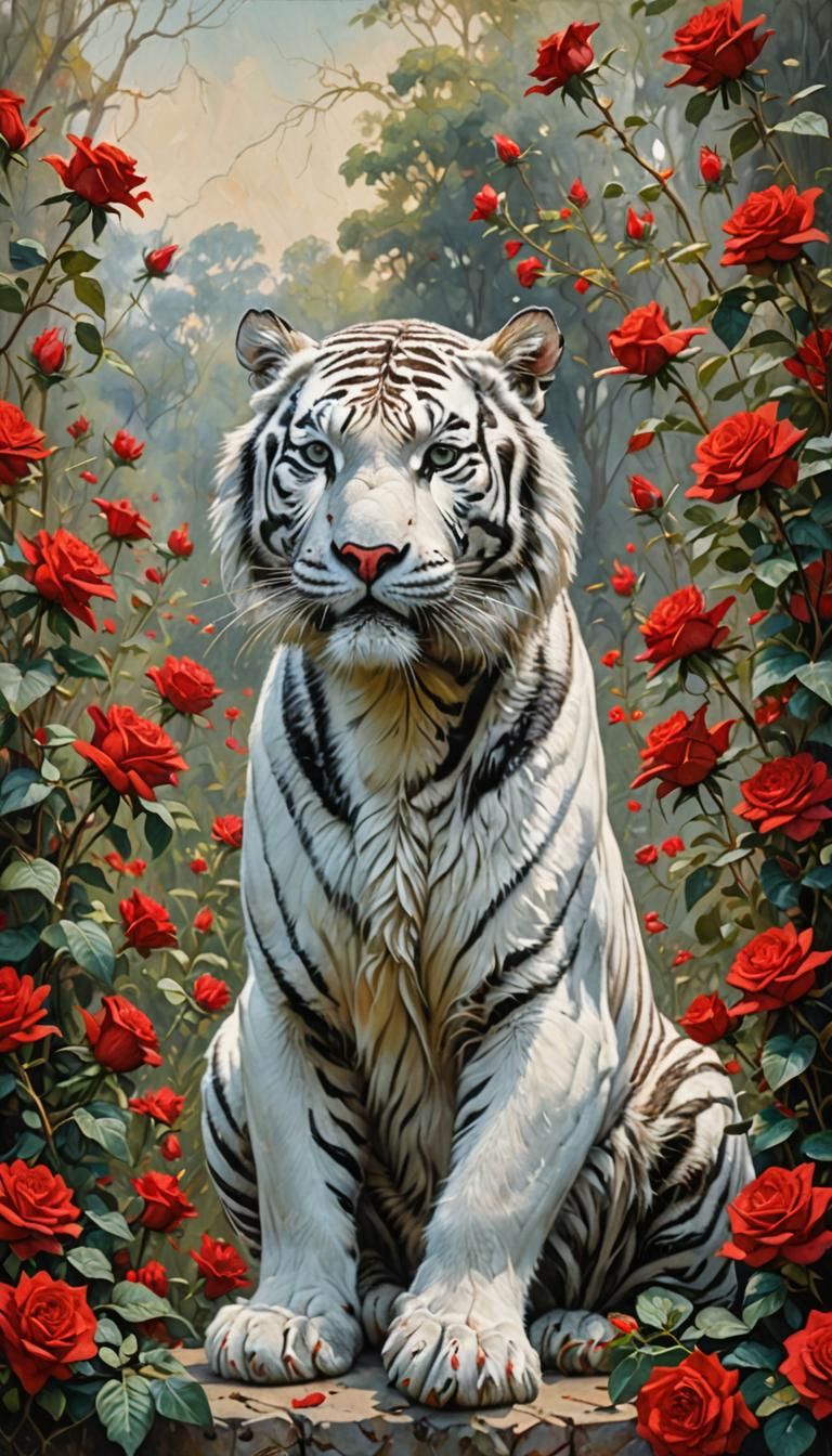 White Tiger Among Roses: Oil Painting