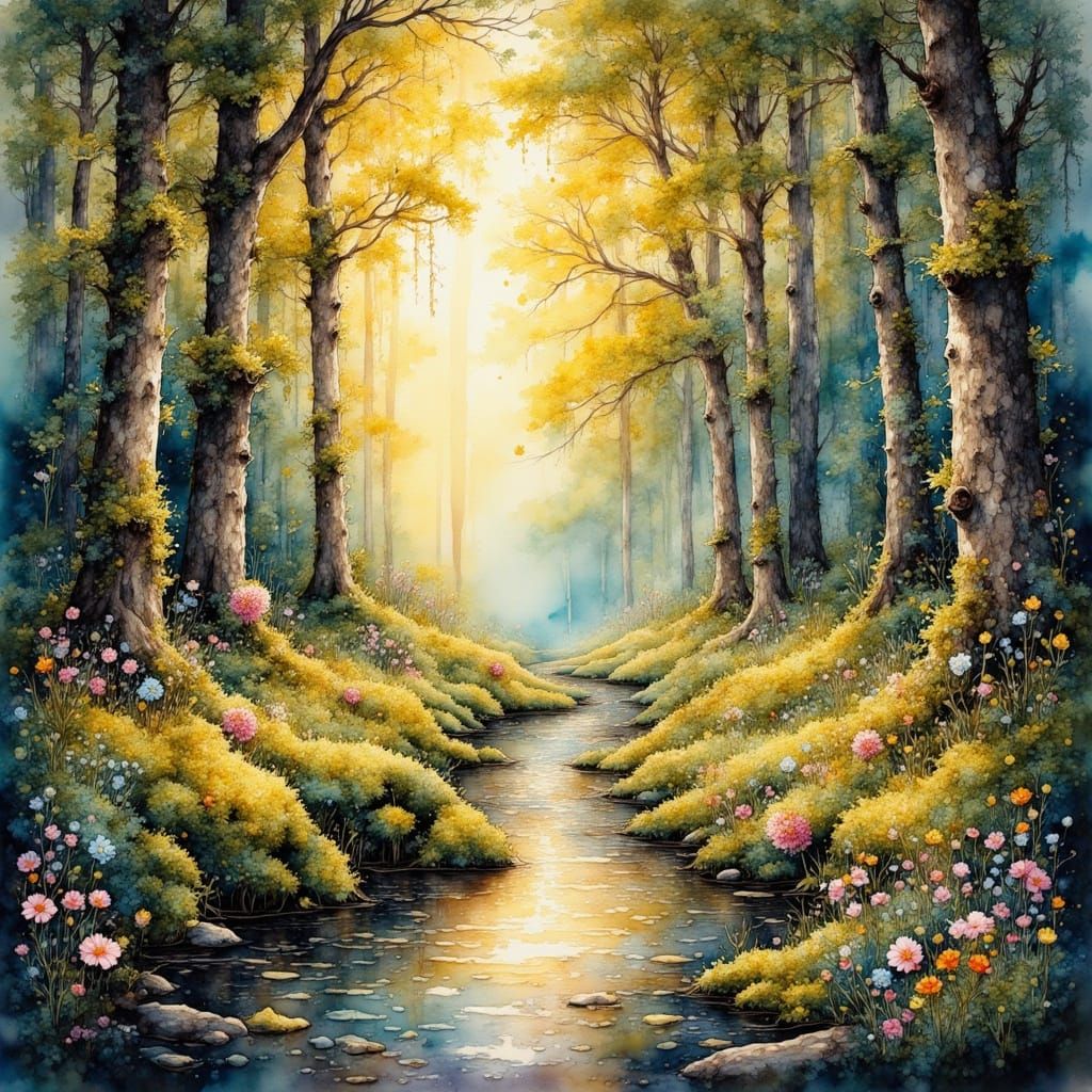 Ethereal Forest Landscape in Impressionistic Style