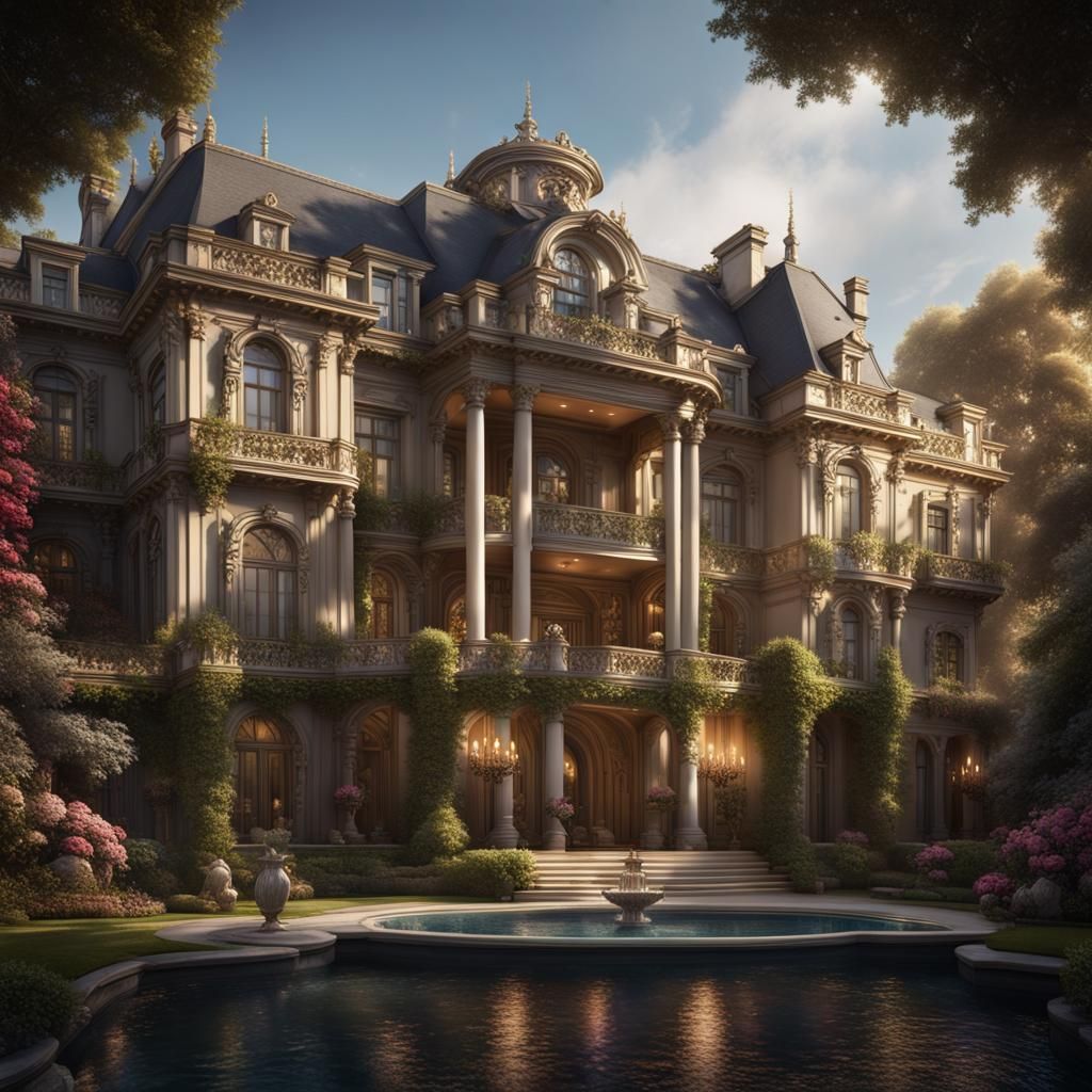 Opulent Mansion with Grand Interiors in Matte Painting Style
