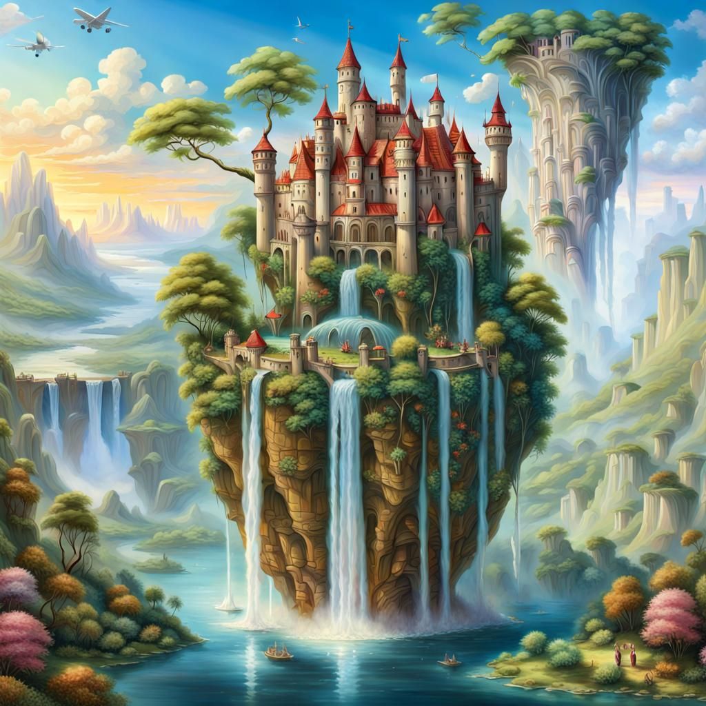 Floating Castle Waterfall Inspired by Esoteric Art
