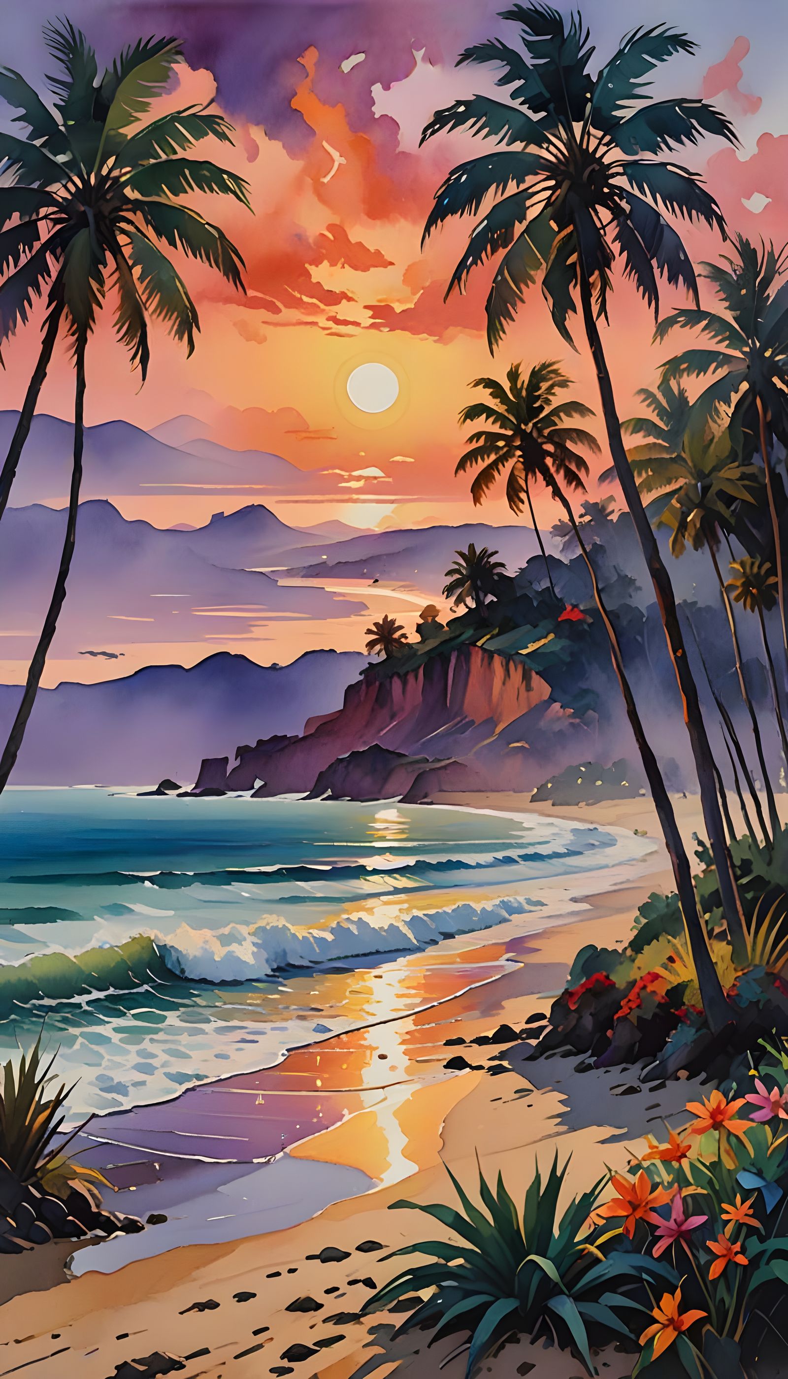 Epic Sunset Beachscape in Vibrant Impressionist Style