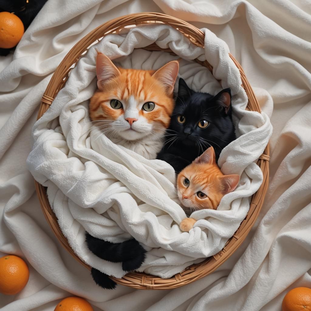 Cats Snuggling: 3D Anime Art in Basket