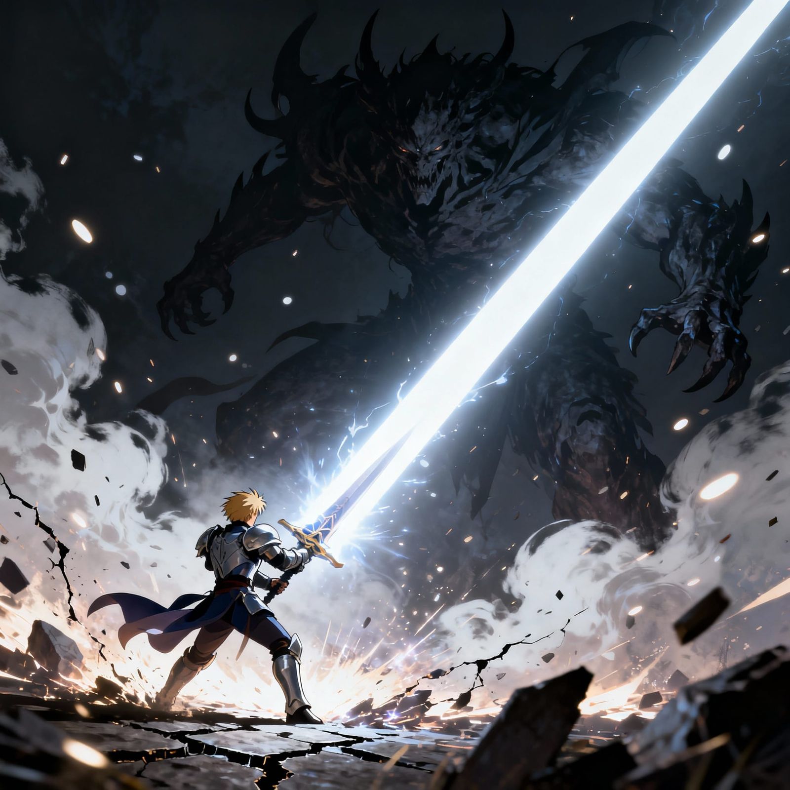 Warrior Unleashes Light Beam on Shadow Monster