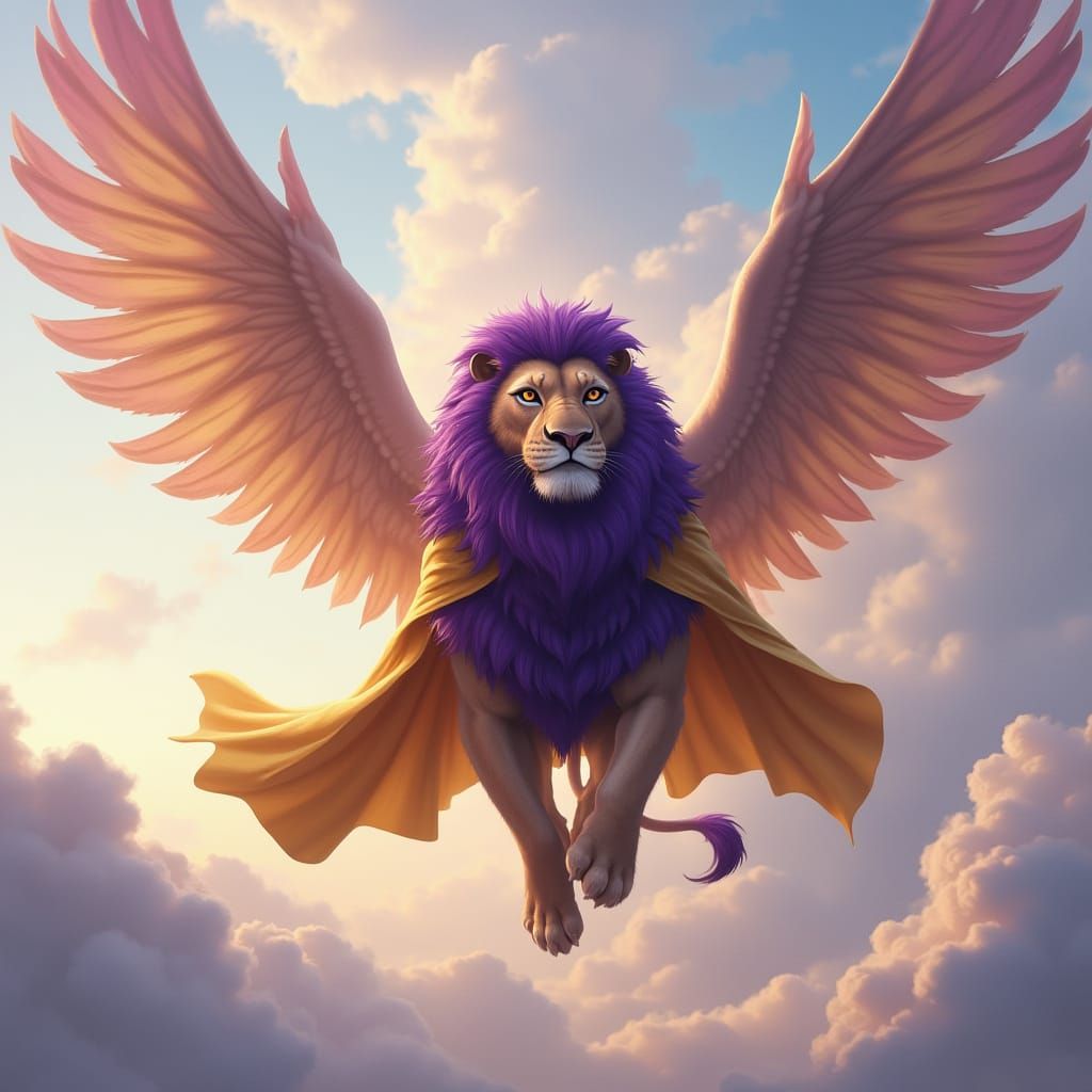 Regal Lion Soars Through Clouds with Giant Wings in Vibrant ...