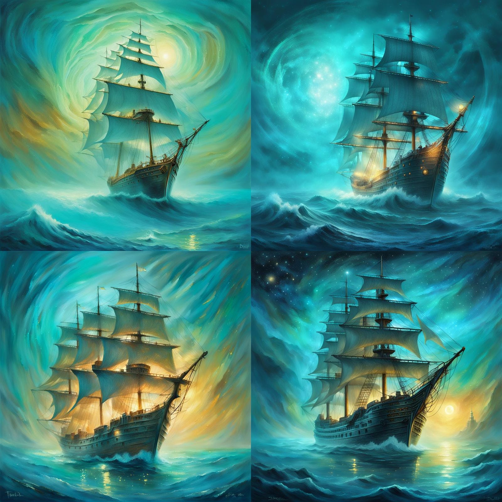 Ethereal Ghost Ship Sails a Mystical Glowing Ocean