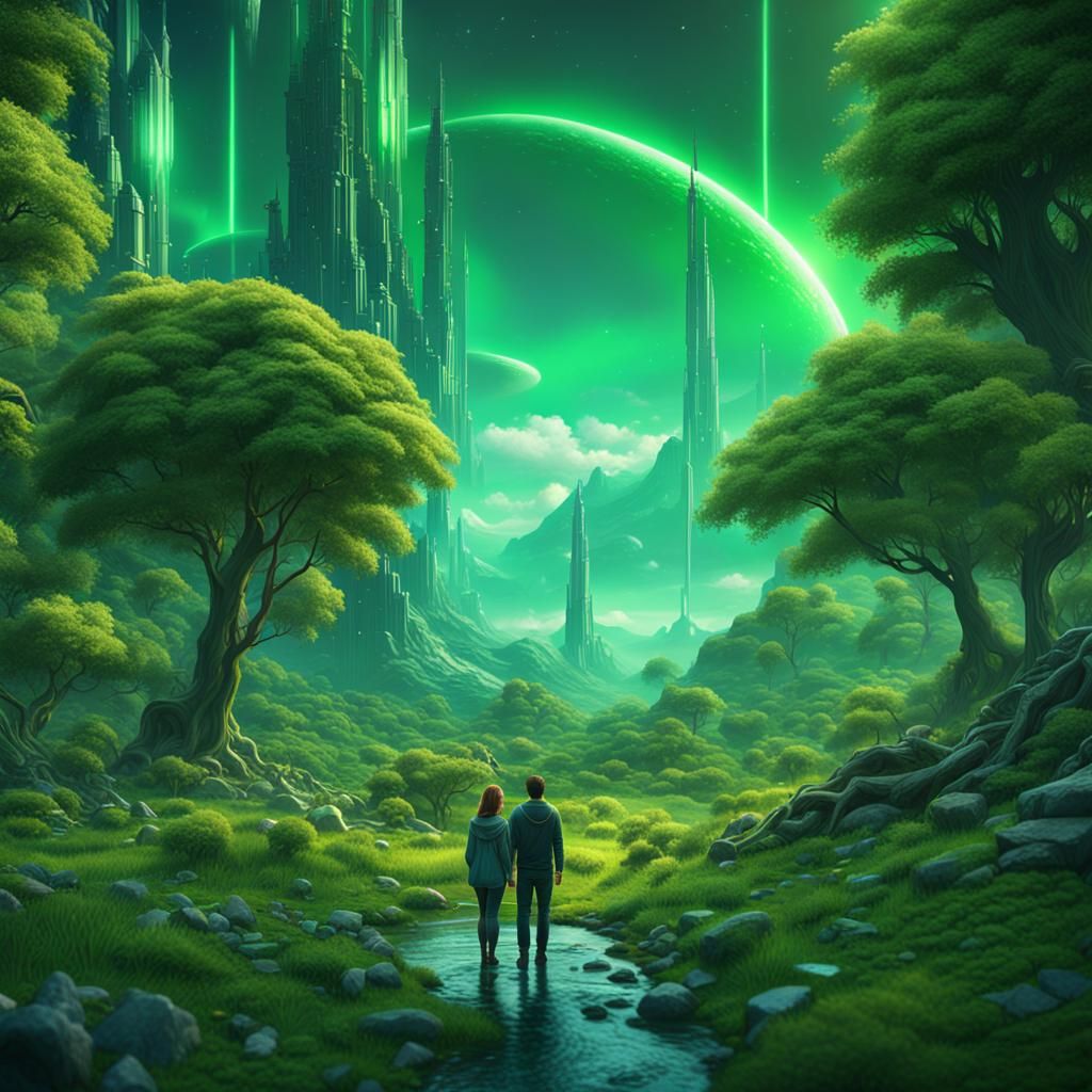 Futuristic Couple Gazing at Green Nature in 8K
