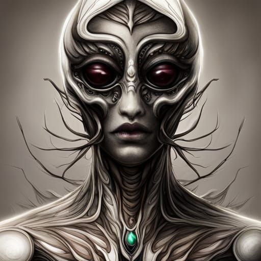 Intricately Detailed Alien with Giant Black Eyes