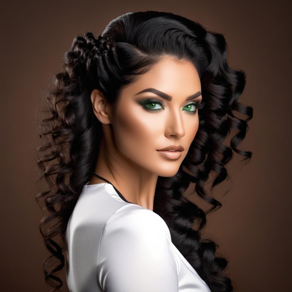 Portrait of Woman with Black Hair and Green Eyes