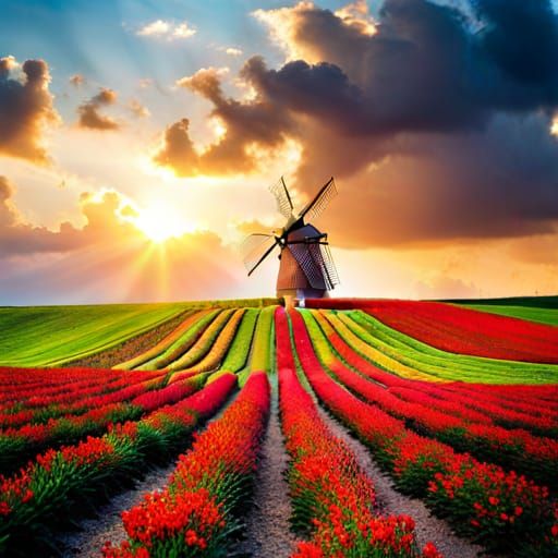 Tulip Rows and Windmill in Roses