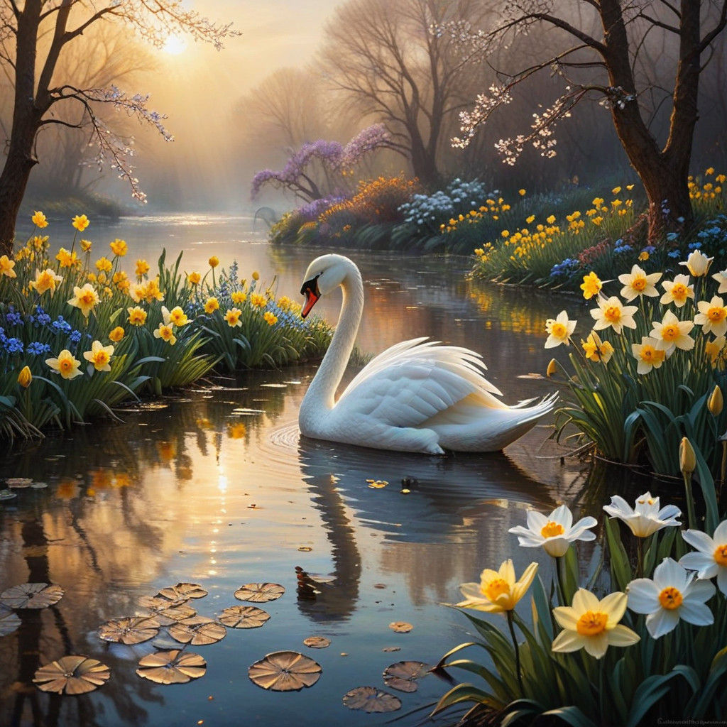 encaustic daffodils on a foggy pond, vibrant colors, a beaut...