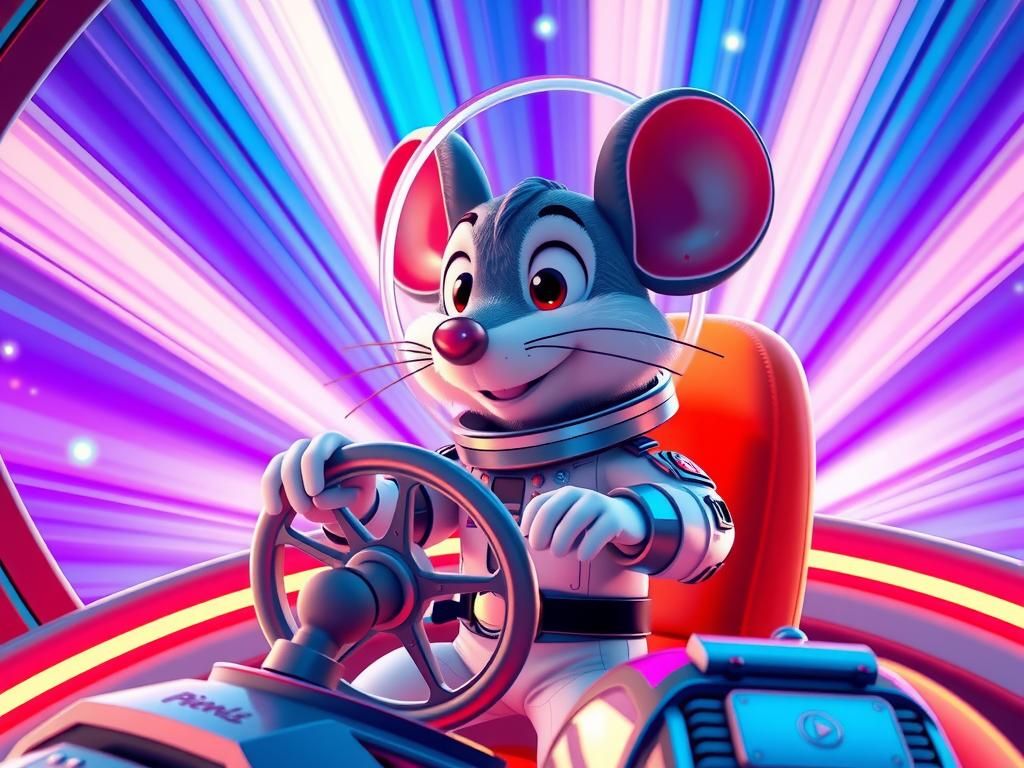 Cartoon Mouse Commands Spaceship in Playful 3D Style