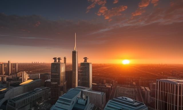 Futuristic Belgrade Sunset in Sci-Fi Style