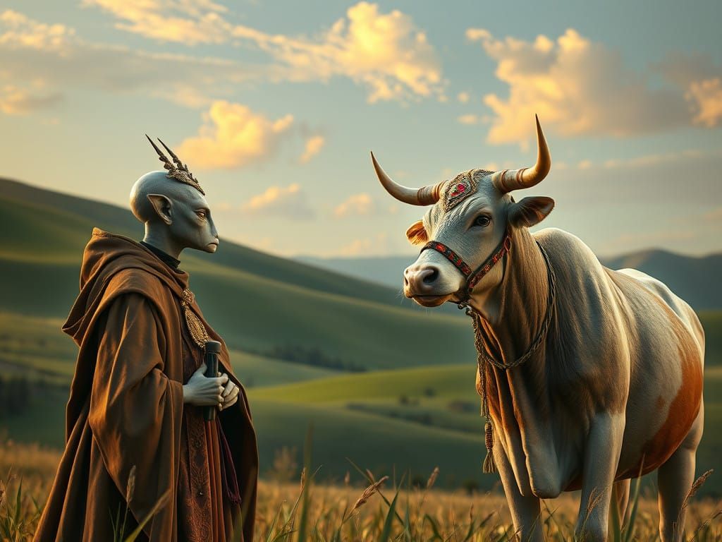 Renaissance Aliens Meet a Majestic Dutch Master Cow in a Gol...
