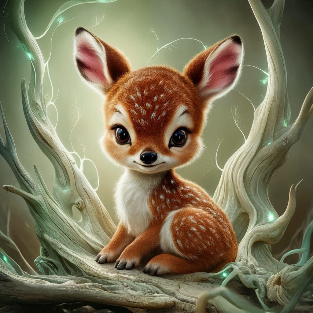 Chibi Fawn on Bioluminescent Wood: Ethereal Photo
