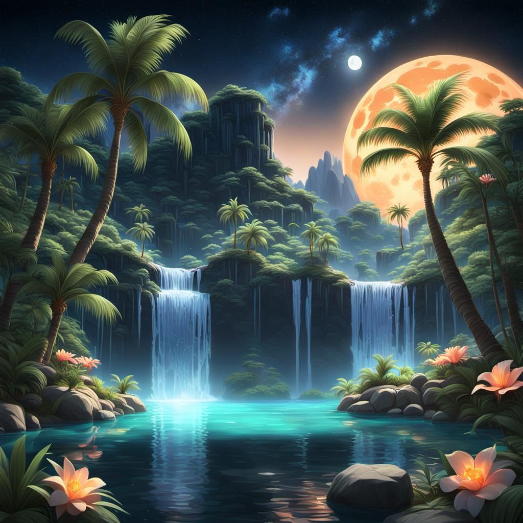 Moonlit Tropical Paradise in 3D Anime Style