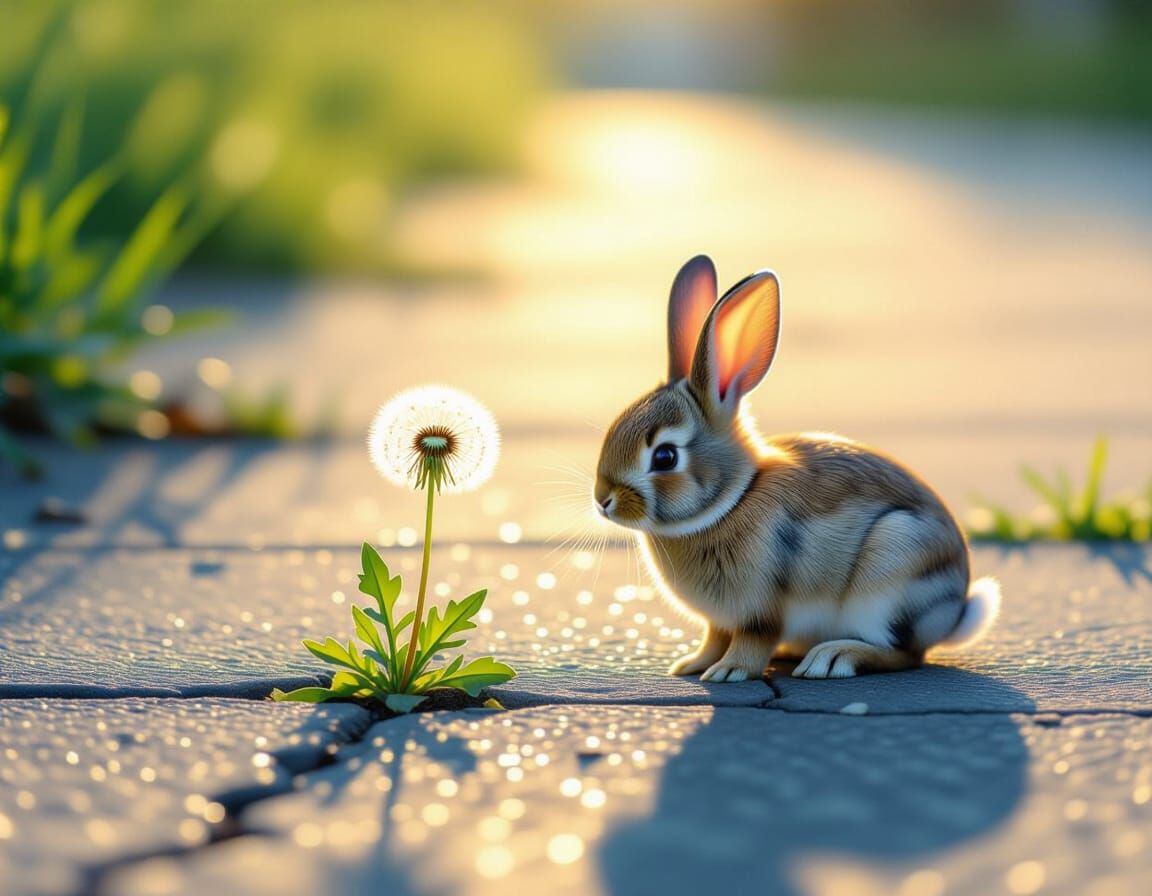 Rabbit Observes Dandelion in Cracked Pavement, Watercolor St...