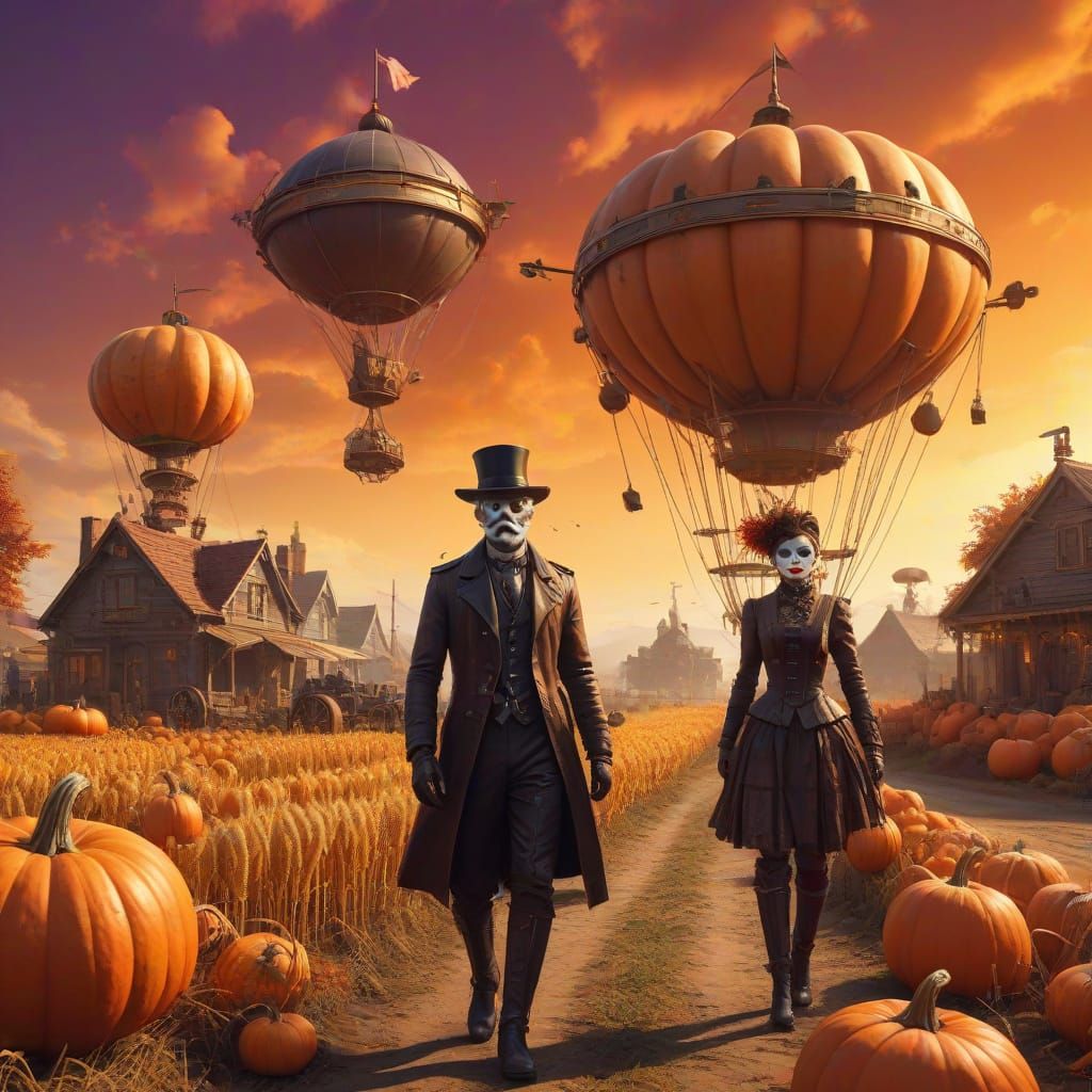 Steampunk Harvest Festival with Mechanical Scarecrows and Ai...