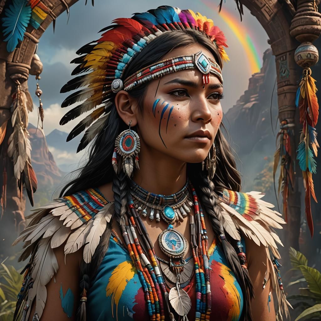 Native American Girl in Rainbow Colors, Detailed Matte Paint...
