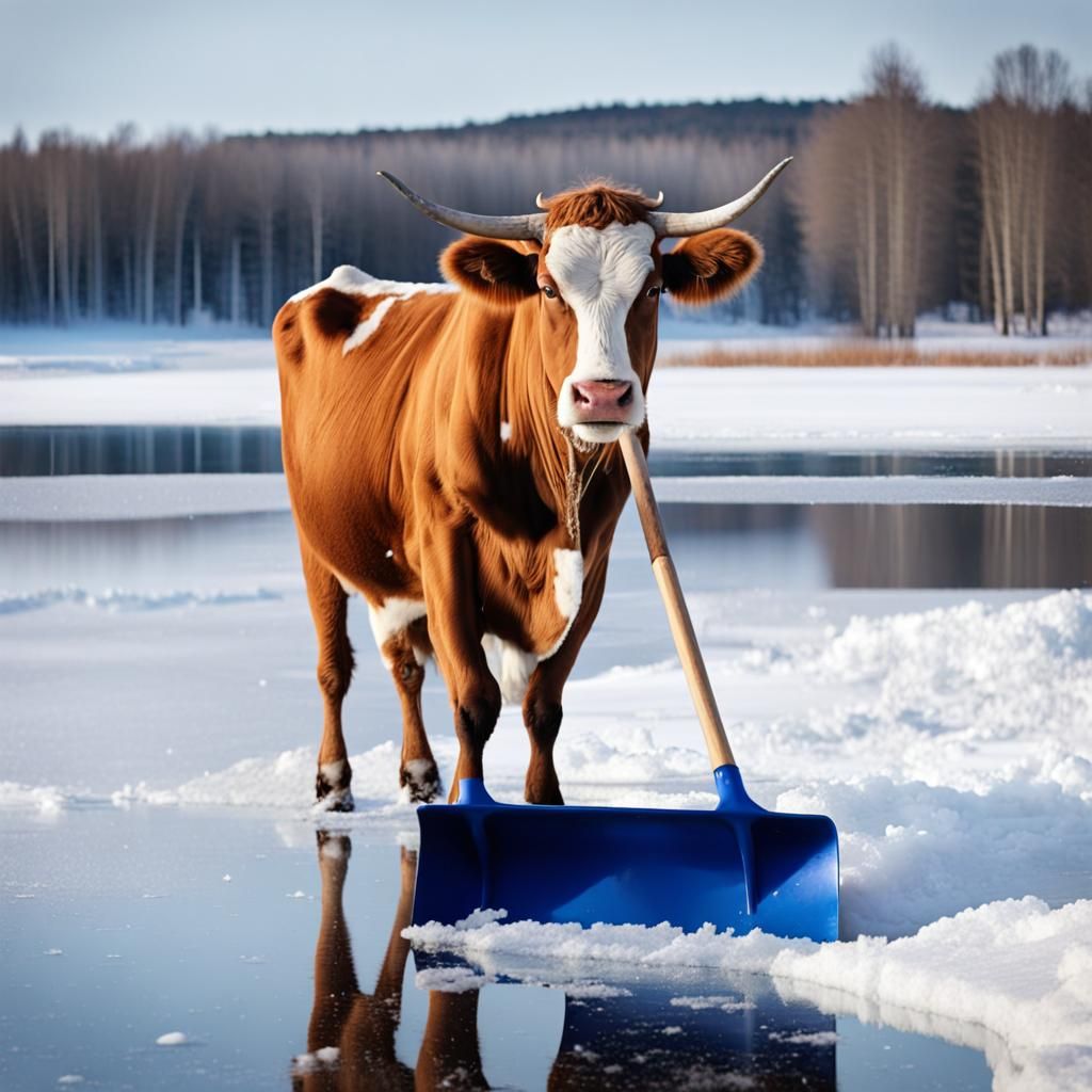 Funny Cow Shoveling Snow on Frozen Lake