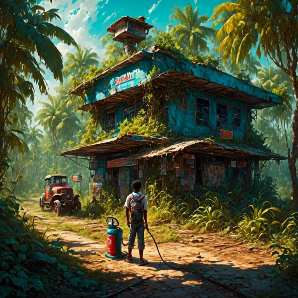 Vibrant Folk Art: Nicaraguan Boy at Petrol Station Oasis