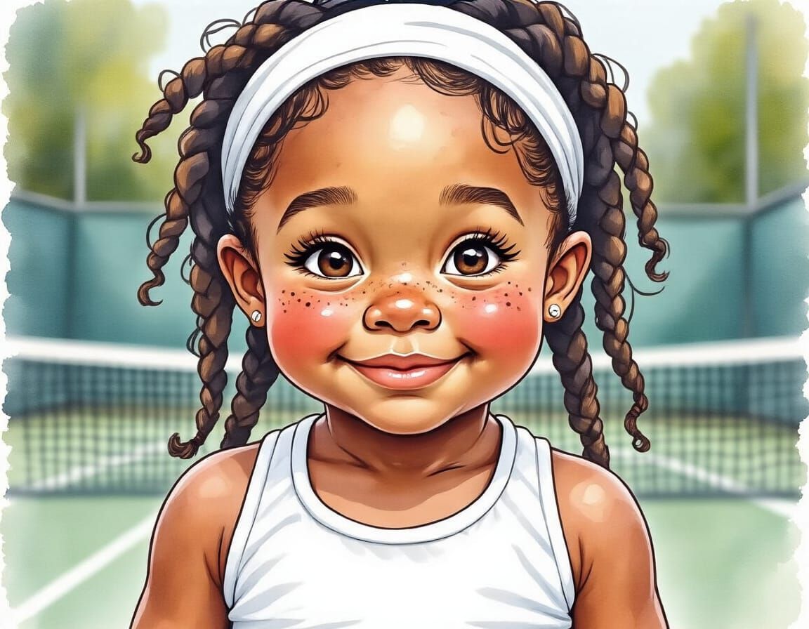 Happy Girl on Tennis Court as Watercolor Painting