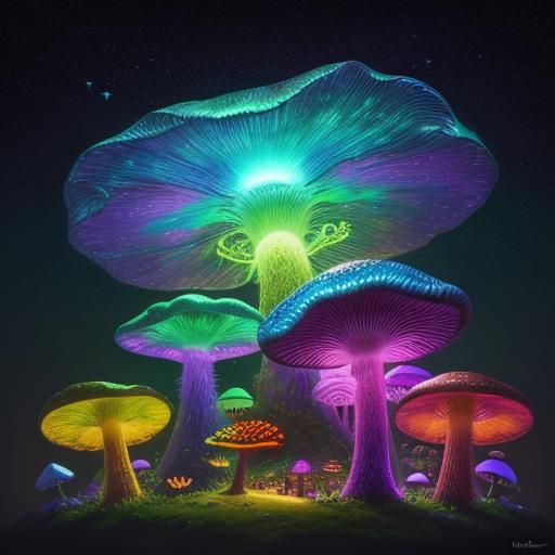 Radiant Boa Constrictor Coiled Around Glowing Mushroom