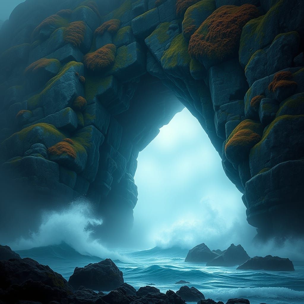 Ancient Stone Archway by Turbulent Ocean in Autumn Light