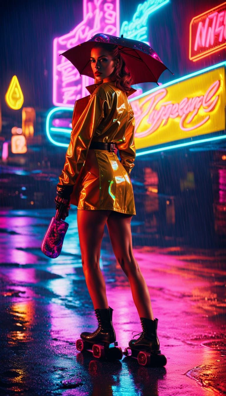 Atom Punk Model with Neon Skateboard in Rainy City