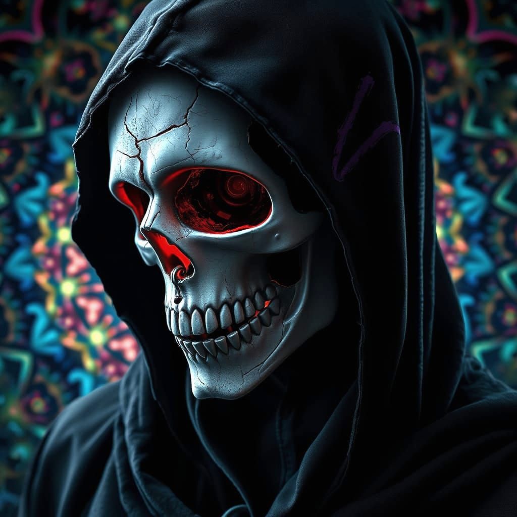 Dark Fantasy Figure with Shattered Porcelain Mask and Mechan...