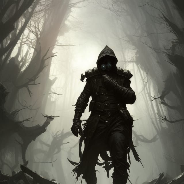 Hooded Gasmask Ranger in Dark Fantasy Style
