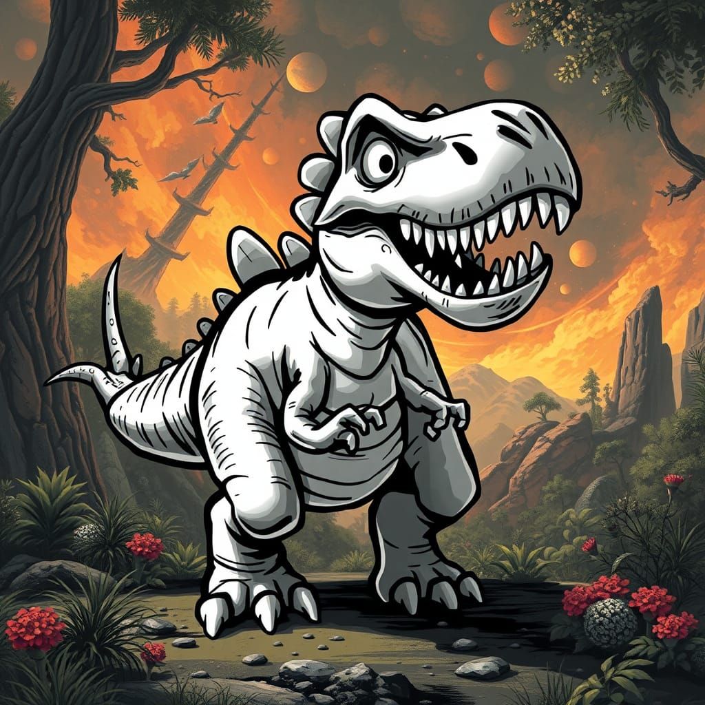 Humorous Dinosaur Cartoon with Detailed Background