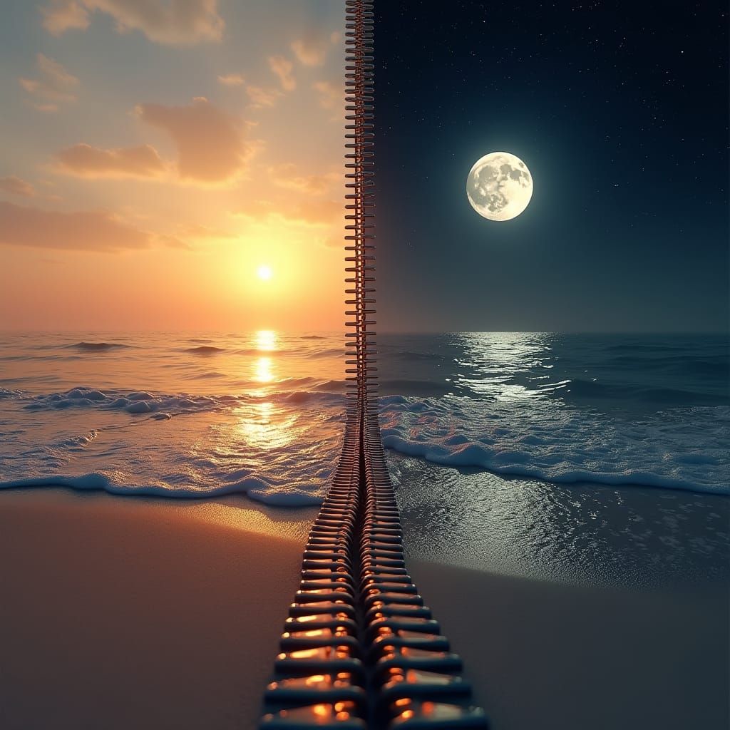 Day and Night Separated by Zipper in Digital Art