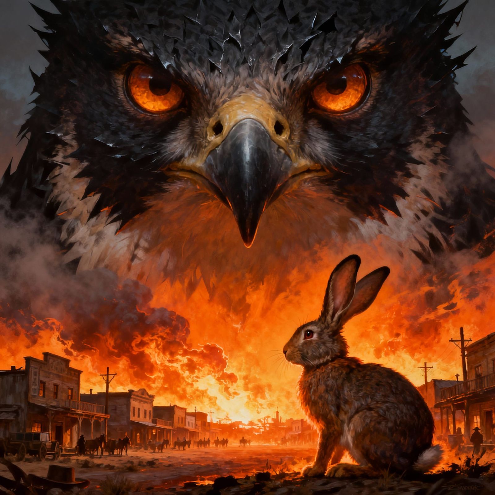 Giant Falcon Over Fiery Western Town with Rabbit