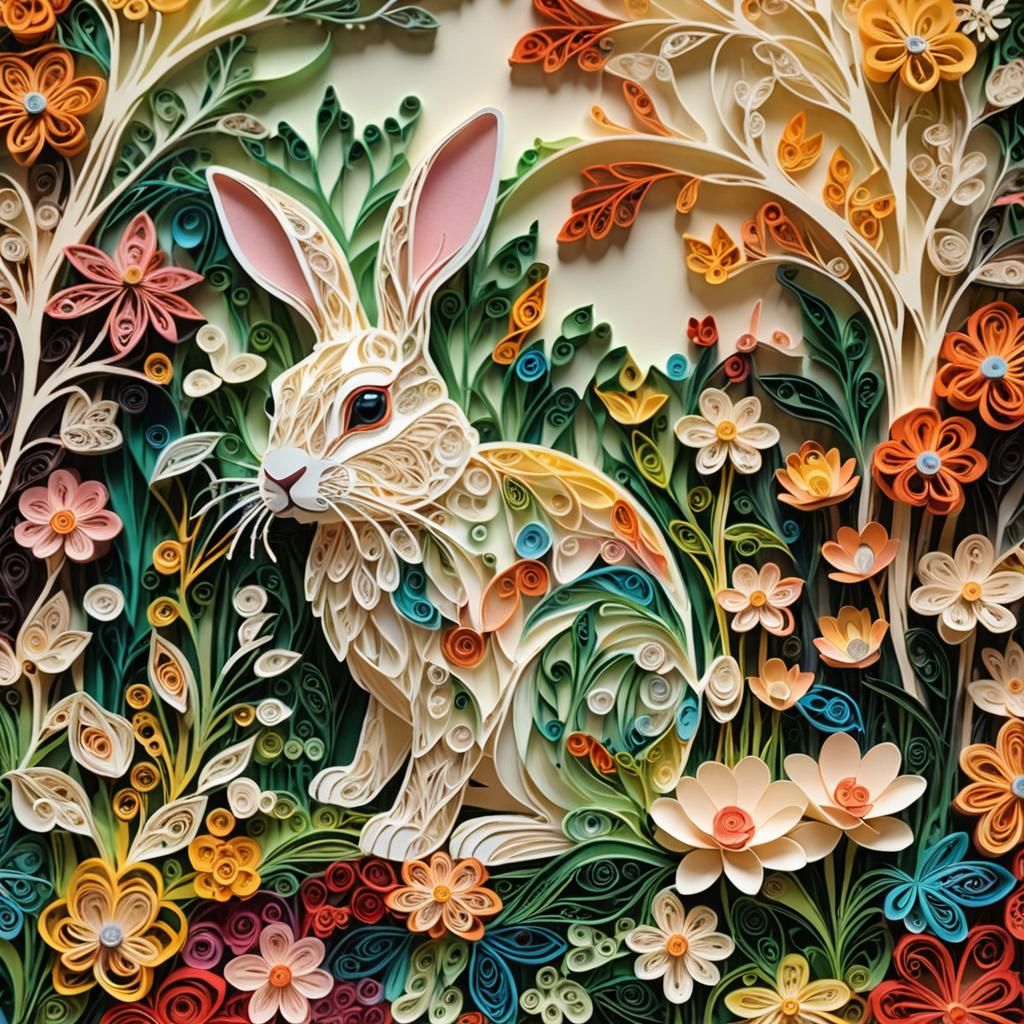 Rabbit in Forest: Intricate Paper Cutting Art Nouveau
