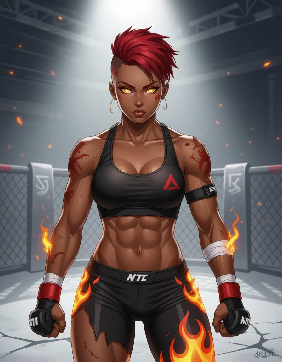 Fighter with Fiery Eyes in Anime Style