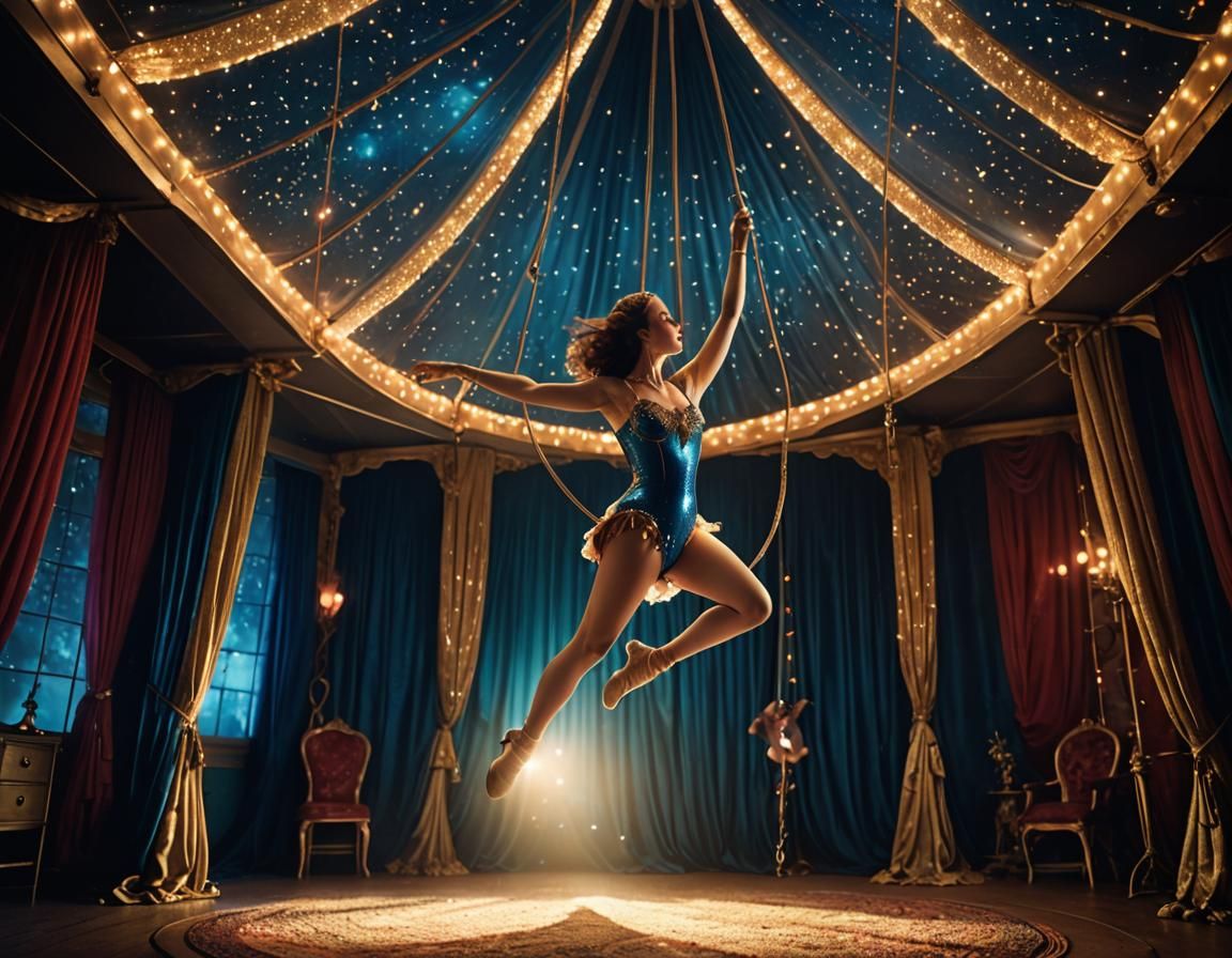 beautiful woman hanging upside down on trapeeze swing wearin...