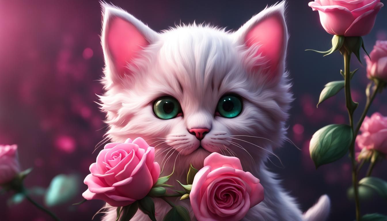 Cute Kitten with Pink Rose Digital Painting