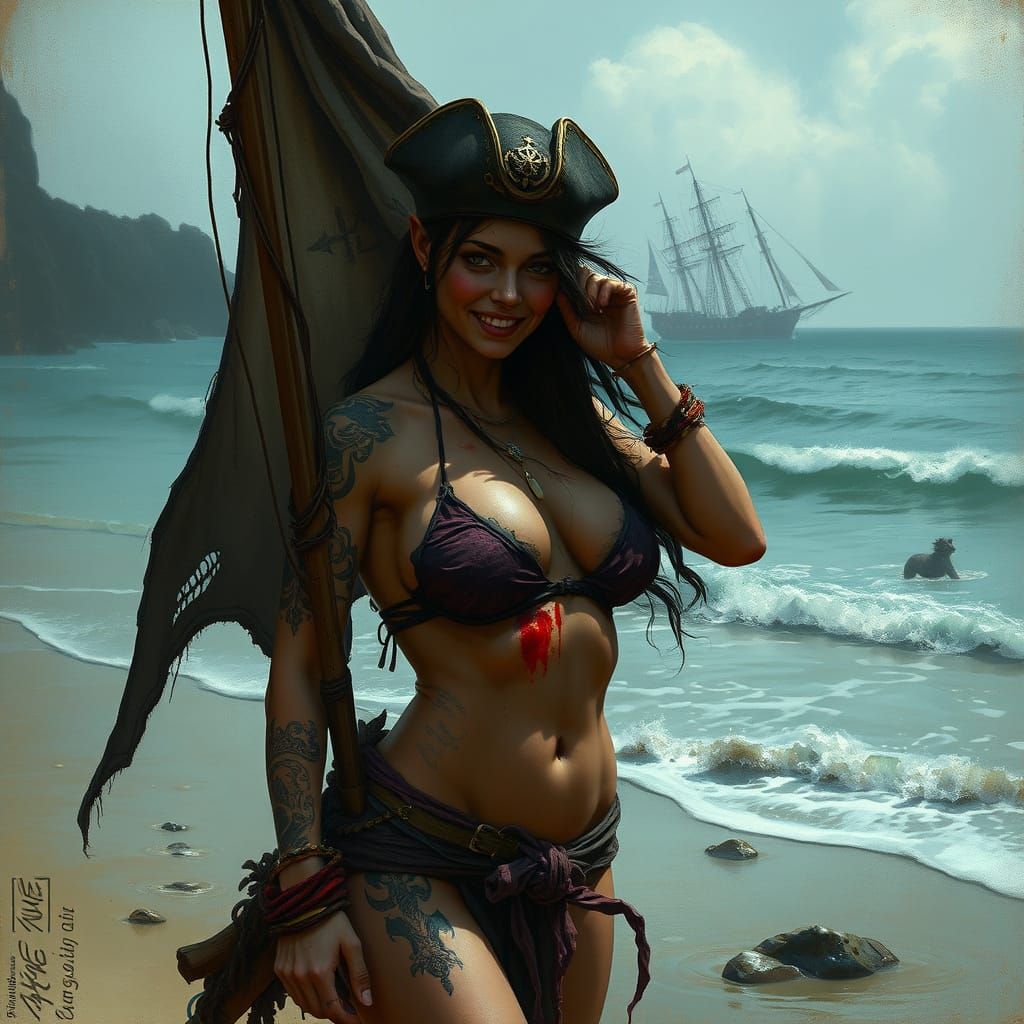 Bloody Pirate Bride on Dark Beach
