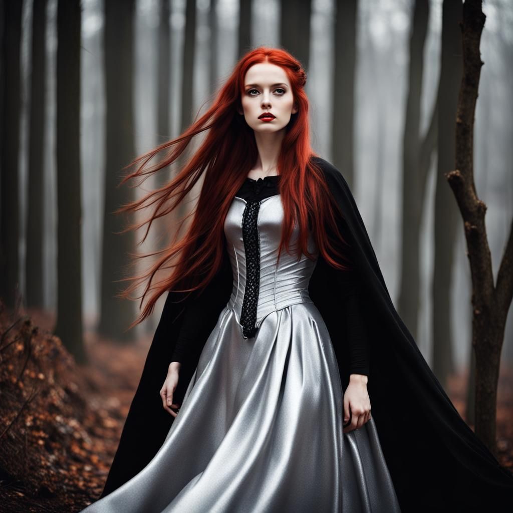 Elegant Woman with Red Hair and Silver Dress