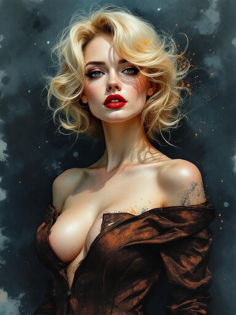 Blonde Pin-Up in Whiskey-Splatter Watercolor Style
