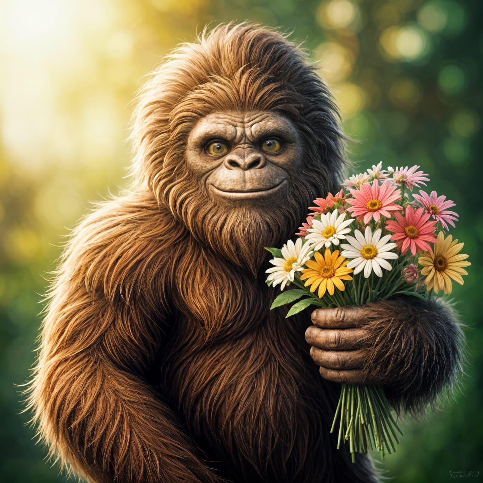Happy Bigfoot with Flowers in Impressionistic Digital Art