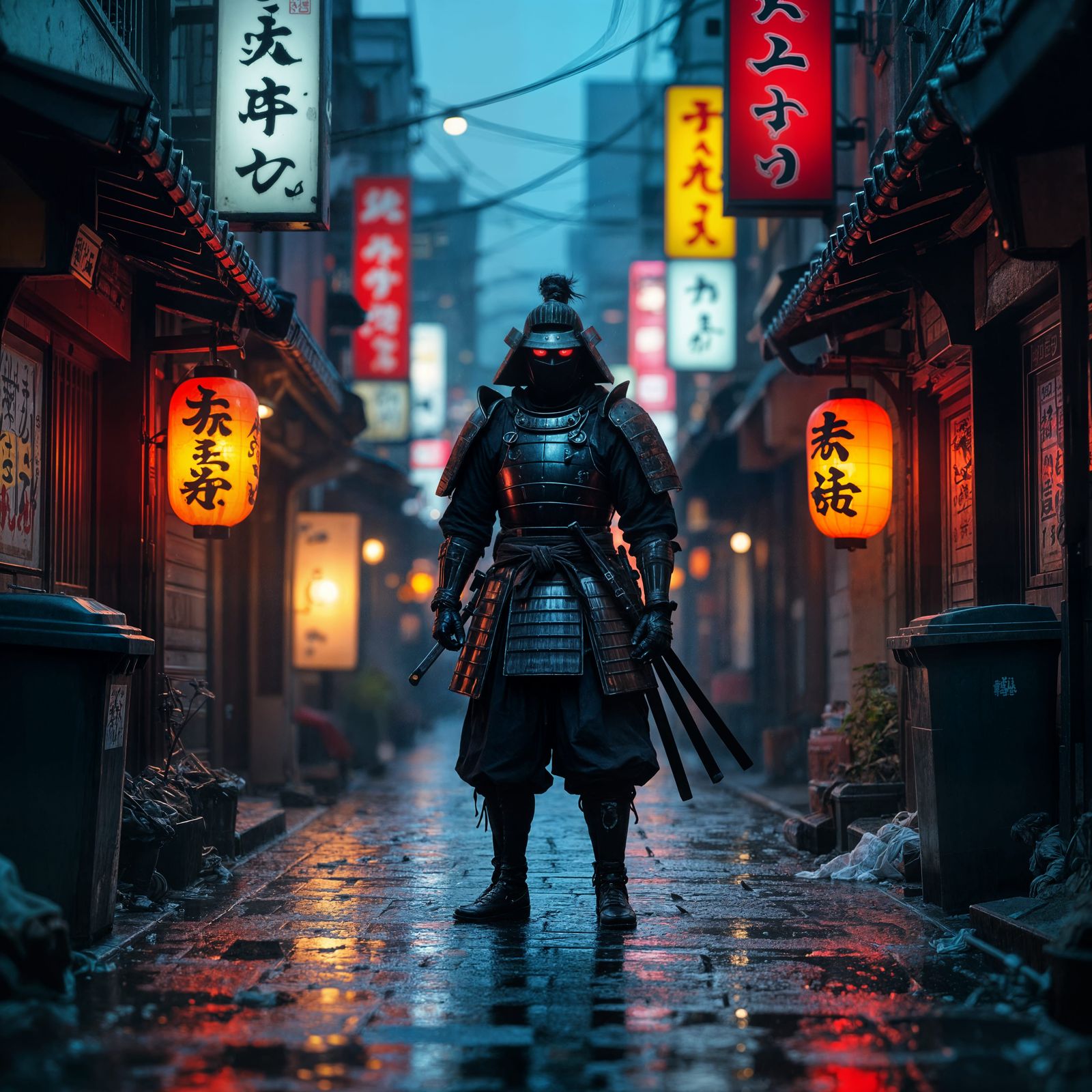 Samurai in Neon Tokyo Alleyway at Dusk