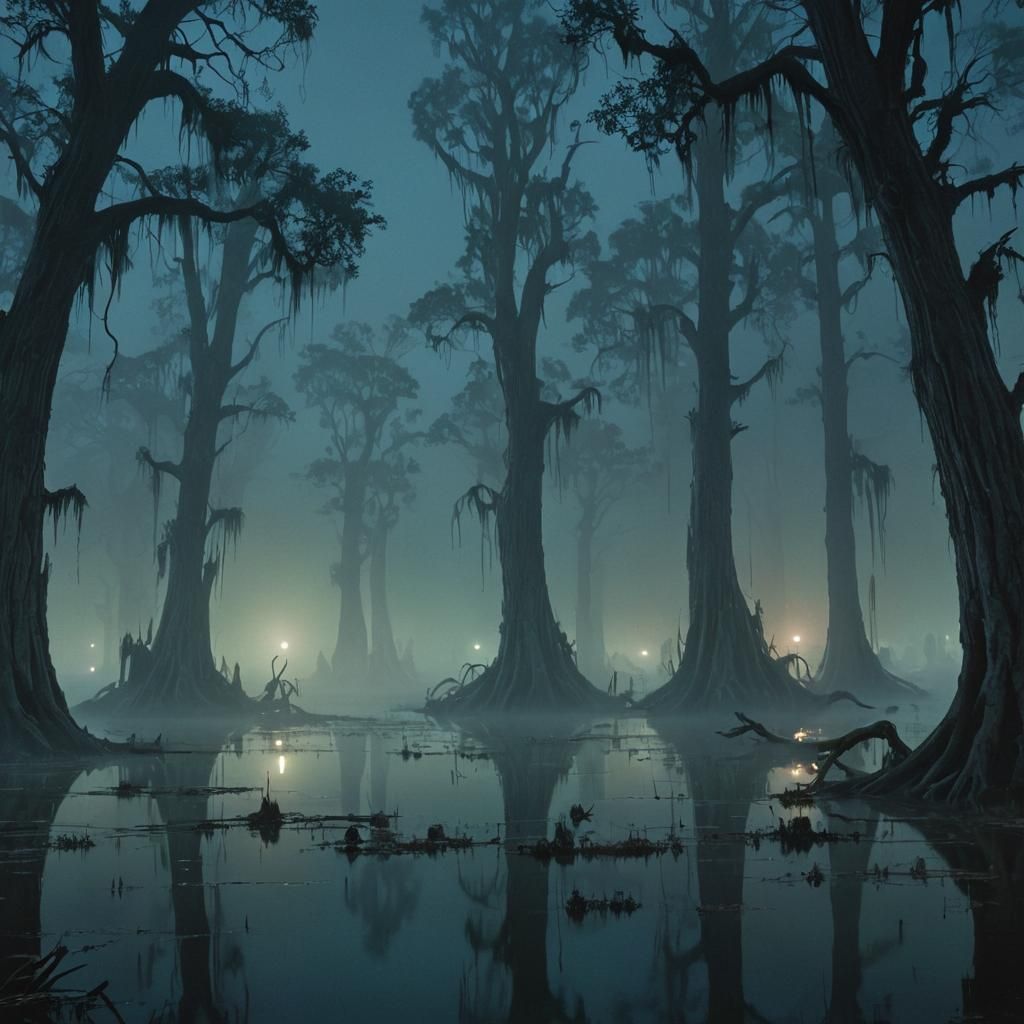 Eerie Swamp at Night with Will-o'-the-Wisps