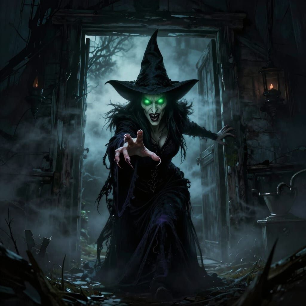 Wicked Witch Reaches from Foggy Cabin Doorway