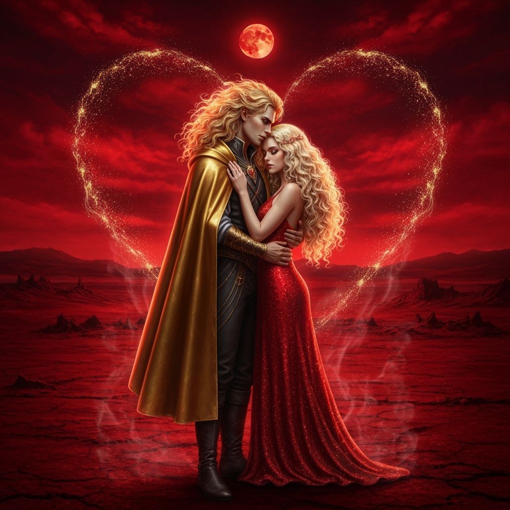 Fiery Man and Woman in Red Wasteland